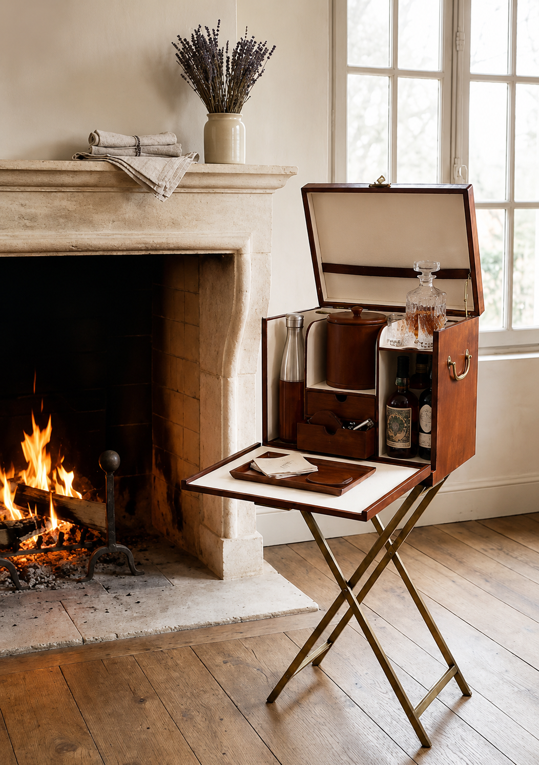 Vintage Deri Mini Bar Hakiki Deri Ahşap Standlı