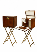 Vintage Deri Mini Bar Hakiki Deri Ahşap Standlı